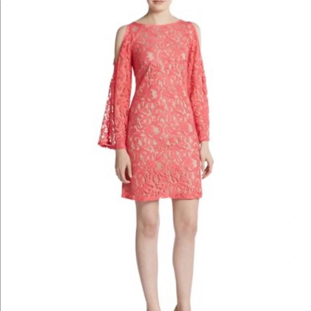 Saks Black Label Peach Lace Cold Shoulder Dress - Picture 1 of 9
